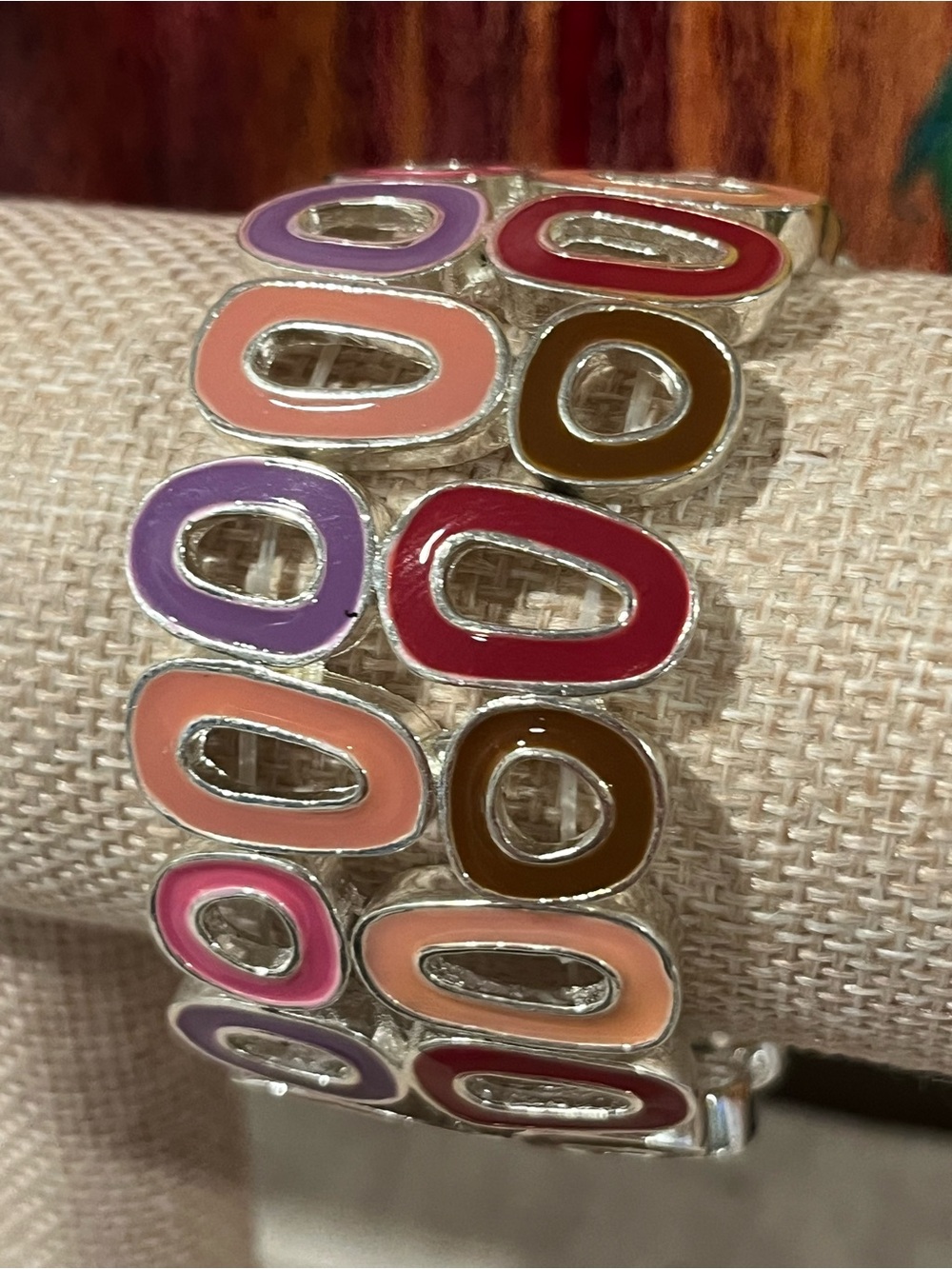 Retro Enamel Link Stretch Bracelet — Pink, Purple, Coral & Brown